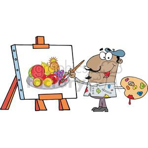 The clipart image depicts a cartoon-style painter with a humorous appearance. The artist has a large smile and is holding a paintbrush and a palette full of colorful paint blobs. He is painting a still life of a fruit bowl on a canvas set on an easel. The fruit bowl contains a variety of colorful fruits including what looks like grapes, an apple, a watermelon slice, a lemon, an orange, and a pineapple. The artist appears to be in the process of adding red paint to the canvas, perhaps working on the grapes or the apple.