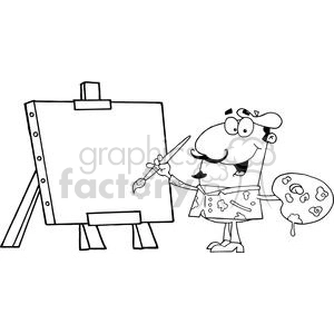 This clipart image depicts a cartoon artist holding a palette in one hand and a paintbrush in the other, poised to create a painting on a blank canvas that is set on an easel. The cartoon character appears to be a funny representation of a painter, with a beret, a mustache, paint splatters on the clothing, and a cheerful expression.