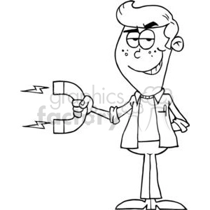 The clipart image depicts a cartoon-style teenager holding a large horseshoe magnet. The magnet is drawn with lightning bolts at the tips, suggesting magnetic power. The teenager has a confident expression and one eyebrow raised, adding a humorous and playful element to the image. The character is dressed in casual clothing typical for a kid or a teenager, with what looks like a shirt and pants.