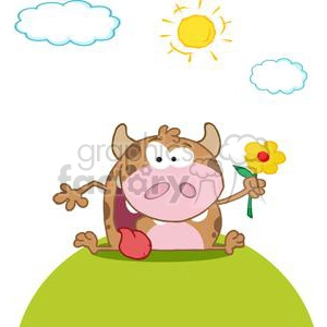 The image depicts a cartoon-style cow with a humorous expression. It is sitting on a green hill with a blue sky above that includes a sun and two clouds. The cow appears spotted with brown and white, has big eyes, and is holding a yellow flower in its right hand (to the viewer's left). The scene suggests a simple, playful farm setting.
