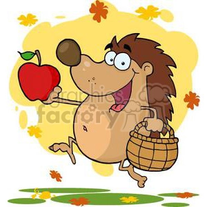 The clipart image shows a cartoon hedgehog with a comical expression. It's holding a red apple in one hand and a wicker basket in the other, possibly suggesting that the hedgehog has been gathering or foraging. The background has autumn leaves, which indicates the season, and the colors are warm and cheerful. The hedgehog appears to be walking or dancing, adding to the jovial nature of the image.