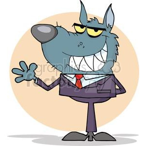 The clipart image features a cartoon of a wolf dressed in business attire, which includes a suit, tie, and shirt. The wolf is standing upright like a human, with one hand raised in a waving or greeting gesture. The expression on the wolf's face is sly or mischievous, with a wide grin showing teeth and one eye squinted as if to imply a conniving or deceitful demeanor.