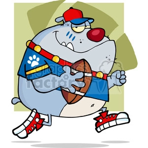 This clipart image depicts a comical dog character styled as a football player. The dog is notably large and gray, with a prominent red nose and a smirk. It's wearing a red cap backward, a blue football jersey with paw prints and gold and red accents, red wristbands, and red and white sneakers. The dog is holding an American football while striking a confident pose.