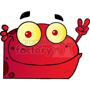 The clipart image shows a stylized and humorous representation of a red frog. The character has exaggerated, large yellow eyes with red pupils, a wide smiling mouth, and spots on its body. This frog is making a peace sign gesture with one hand.