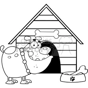 The image is a black and white clipart illustration featuring a funny, cartoonish dog standing beside its doghouse. The dog appears to be surprised or goofy, with its tongue hanging out and eyes looking in different directions. There's also a large bone sitting on top of its head and a bone in a bowl in the foreground.