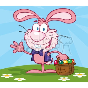 4737-Royalty-Free-RF-Copyright-Safe-Waving-Pink-Bunny-With-Easter-Eggs-And-Basket