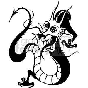 This is a black and white clipart image depicting a stylized Chinese dragon. The dragon has features such as sharp claws, horns, a long body with scaly details, and an expressive face with large eyes and bared fangs, all characteristic of traditional Chinese dragons. The design is simplified, making it suitable for vinyl cutting or printing.