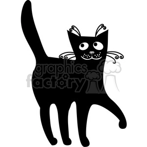 The clipart image features a stylized black cat with whimsical white details such as dots for eyes, a patterned nose, and decorative markings on its cheeks and ears. Its tall, upright tail and long body create a playful silhouette.