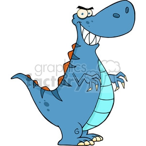 The image displays a cartoon depiction of a comical blue dinosaur. The dinosaur appears to be smiling with a big toothy grin and has a mischievous expression, with one eyebrow raised higher than the other. It has a large head, a bulky body, small arms with sharp claws, and a long tail. The belly is a lighter blue, and it has an orange spine running down its back. 