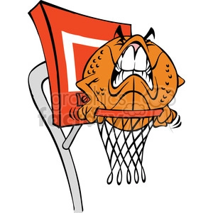 The clipart image depicts a comical basketball character attempting to dunk the ball through a hoop, but he gets stuck in the net. The character has a funny expression on his face, and the overall image has a silly tone to it.
