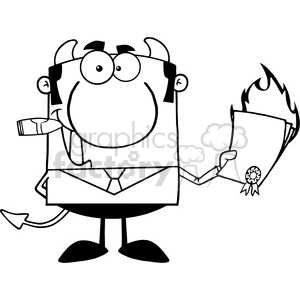 Clipart of Devil Boss Holding A Flaming Bad Contract In His Hand