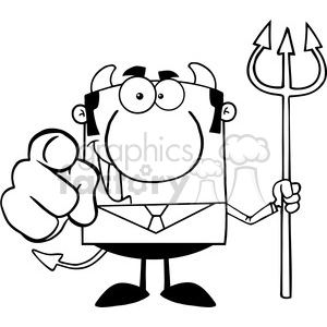 Clipart of Smiling Devil Boss With A Trident And Hand Pointing Finger