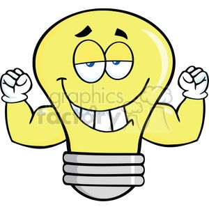 6121 Royalty Free Clip Art Smiling Light Bulb Cartoon Mascot Character With Muscle Arms
