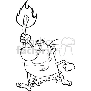 6811 Royalty Free Clip Art Black and White Happy Caveman Running With A Torch