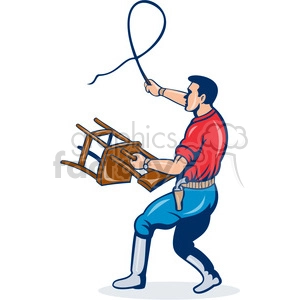 man holding chair with a whip