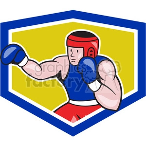 The image is a stylized illustration of a boxer. The boxer is wearing a head guard, gloves, and is dressed in a sleeveless top and shorts. The figure is depicted with a strong and muscular build, showing one arm extended as if throwing a punch. The background is a yellow hexagon with a blue border framing the boxer.