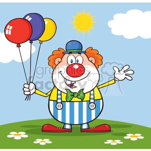 Royalty Free RF Clipart Illustration Funny Clown Cartoon Character With Balloons And Waving On Meadow