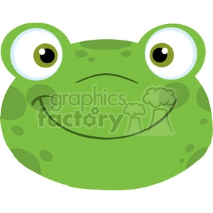 The image features a cartoonish depiction of a funny frog face. The frog has large, protruding eyes, each with a big black pupil and a blue ring encircling the iris. Its skin is a vibrant green with lighter green spots, and it has a cheerful smile on its face. Its mouth is closed, showing no teeth, and the expression seems friendly and playful.