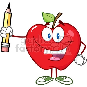 5786 Royalty Free Clip Art Happy Red Apple Holding Up A Pencil