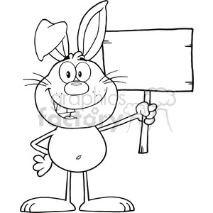 Royalty Free RF Clipart Illustration Black And White Funny Rabbit Cartoon Character Holding A Wooden Board