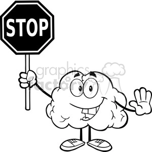 5987 Royalty Free Clip Art Brain Cartoon Character Holding A Stop Sign
