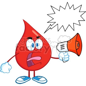 6190 Royalty Free Clip Art Angry Red Blood Drop Character Screaming Into Megaphone With Speech Bubble