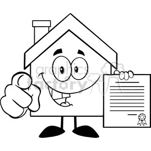 6461 Royalty Free Clip Art Black and White House Cartoon Mascot Character Pointing With Finger And Holding A Contract