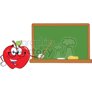 6511 Royalty Free Clip Art Smiling Apple Teacher Character With A Pointer In Front Of Chalkboard