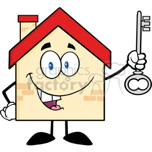 6484 Royalty Free Clip Art House Cartoon Character Holding Up A Key