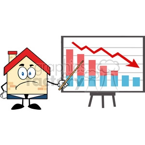 6446 Royalty Free Clip Art Grumpy Business House Cartoon Character With Pointer Presenting A Falling Chart