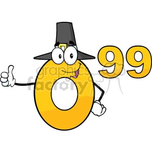 6689 Royalty Free Clip Art Price Tag Number 0-99 With Pilgrim Hat Cartoon Mascot Character Giving A Thumb Up