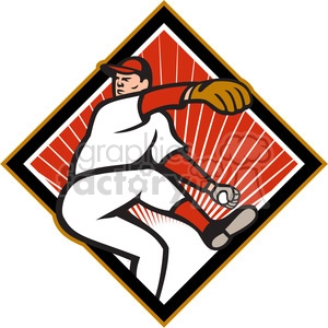 The clipart image features a stylized illustration of a baseball player in action. The player is wearing a baseball uniform with a cap, and is depicted as if he were pitching or throwing a baseball. The background consists of alternating white and red rays emanating from a point behind the player, suggesting motion or energy. The entire image is framed within a diamond-shaped border with a black and yellow outline.