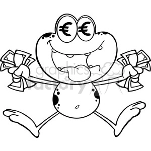 This clipart image depicts a cartoon frog with a wide, happy smile, holding bundles of cash in each hand. The frog's eyes are styled as euro currency symbols, suggesting a theme of wealth or financial success. The frog is standing in a human-like posture with one leg kicked back, adding a playful element to the image.