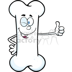 The image depicts a cartoon bone with anthropomorphic features, such as eyes, a mouth, and hands. The bone character is wearing glasses, and has a friendly expression with one hand giving a thumbs-up gesture. No animals are present in the image.