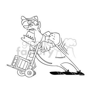 black white image of man struggling with a moving dolly