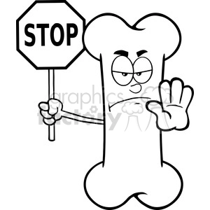 Royalty Free RF Clipart Illustration Black And White Angry Bone Cartoon Mascot Character Holding A Stop Sign