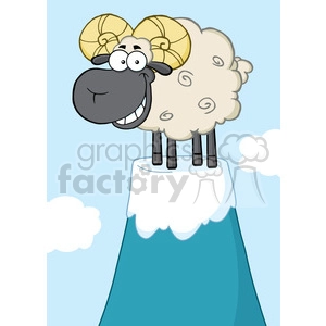 Royalty Free RF Clipart Illustration Smiling Black Head Ram Sheep Cartoon Mascot Character On Top Of A Mountain Peak