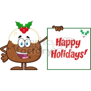 royalty free rf clipart illustration jolly christmas pudding cartoon character presenting a sign with a holly corner and text vector illustration isolated on white