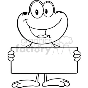 The clipart image shows a funny, cartoon-style frog standing upright. The frog has a large, friendly smile, big, round eyes, and is holding a blank signboard that it appears ready to display a message on. The signboard is held in both hands of the frog.