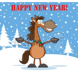 6874_Royalty_Free_Clip_Art_Happy_New_Year_Greeting_With_Smiling_Horse_Cartoon_Mascot_Character_Over_Winter_Landscape