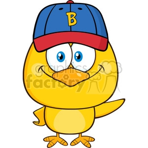 royalty free rf clipart illustration yellow chick cartoon character wearing a baseball cap and waving vector illustration isolated on white