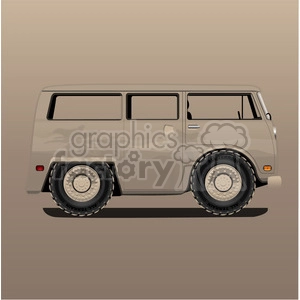 The clipart image depicts a Volkswagen bus (also known as a van) driving on a sandy beach with ocean waves in the background. There is also a sandstorm visible in the distance. The image represents travel, coastal scenery, and the use of a vehicle for transportation.
