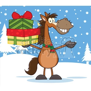 6878_Royalty_Free_Clip_Art_Smiling_Horse_Cartoon_Mascot_Character_Holding_Up_A_Stack_Of_Gifts_Over_Winter_Landscape