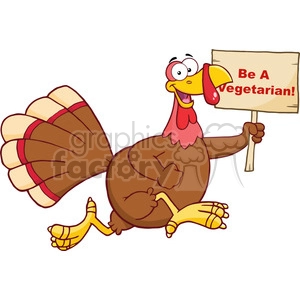 6956 Royalty Free RF Clipart Illustration Happy Turkey Bird Cartoon Character Running With A Blank Wood Sign