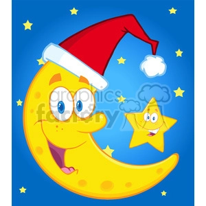 6976 Royalty Free RF Clipart Illustration Smiling Crescent Moon With Santa Hat And Happy Christmas Star Cartoon Characters