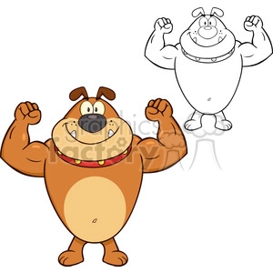 7217 Royalty Free RF Clipart Illustration Smiling Brown Bulldog Cartoon Mascot Character Showing Muscle Arms