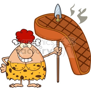 smiling red hair cave woman cartoon mascot character holding a spear with big grilled steak vector illustration