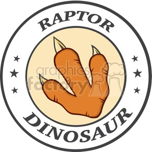The clipart image features a stylized cartoon representation of a raptor dinosaur paw print in the center, with three toes and sharp claws. The paw print is set against a beige circular background. Surrounding this is a thicker, dark gray circular border that contains the word RAPTOR at the top and DINOSAUR at the bottom in a bold, capital letter font. There are also star shapes positioned between the words on the border.