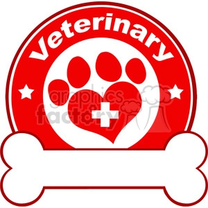 Royalty Free RF Clipart Illustration Veterinary Red Circle Label Design With Love Paw Print,Cross And Bone Under Text