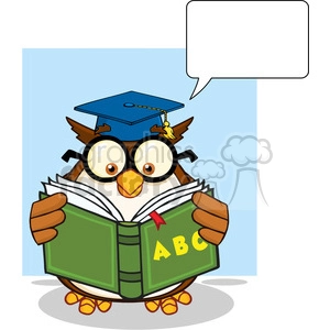 Royalty Free RF Clipart Illustration Wise Owl Teacher Cartoon Mascot Character Reading A ABC Book And Speech Bubble